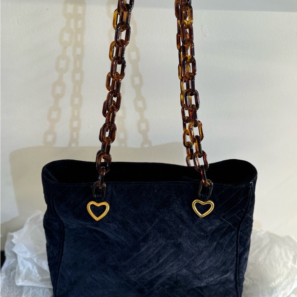 SEPCOEUR Paris Navy Blue Suede Moc-Tortoise Strap Shoulder Bag - Picture 6 of 12
